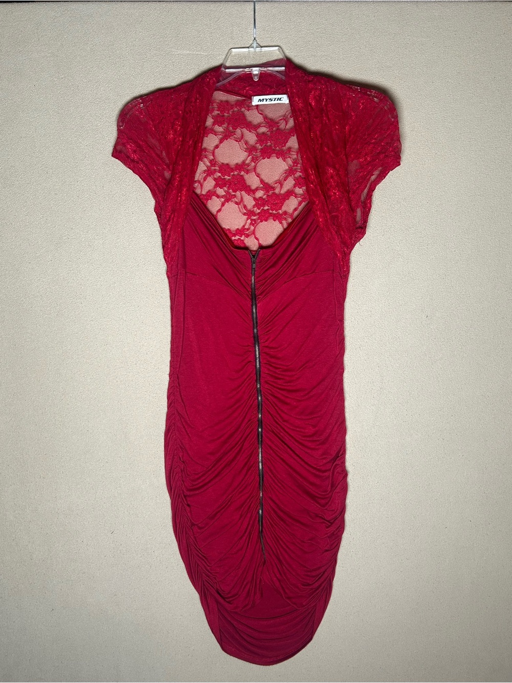 1X Y2K Mystic Red Lace-Back Ruched Dress with front zipper. Bodycon fit.